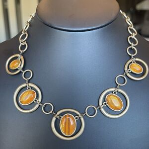 Vintage LC Liz Claiborne Necklace Gold Circle Chain Amber Color Oval Retro BoHo